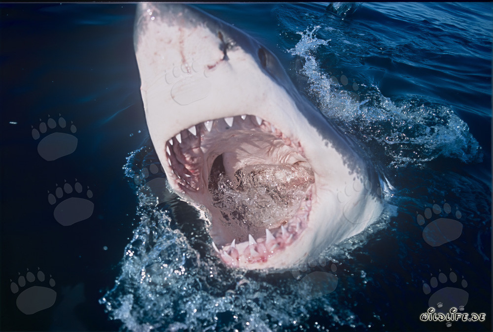 Impresionante tiburón blanco con la boca abierta
