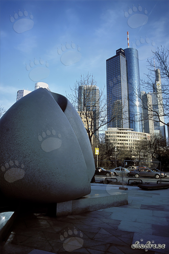 La impresionante línea del horizonte de Fráncfort al atardecer