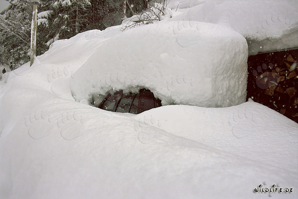 Paesaggio invernale: auto sotto la neve a Mittenwald, Baviera