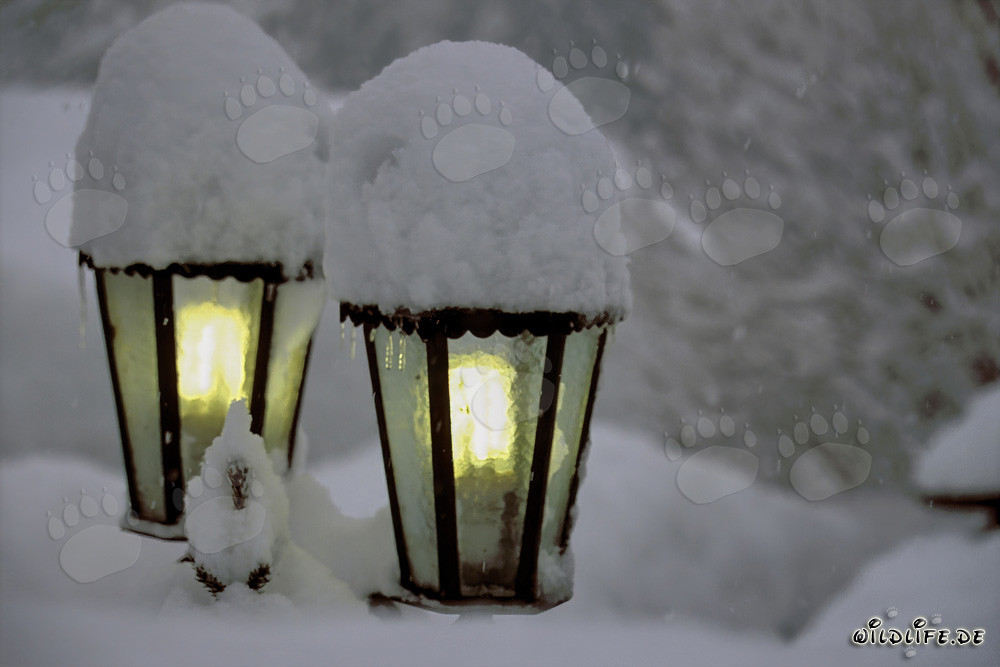 Atmosfera invernale: Lampade innevate a Mittenwald, Baviera