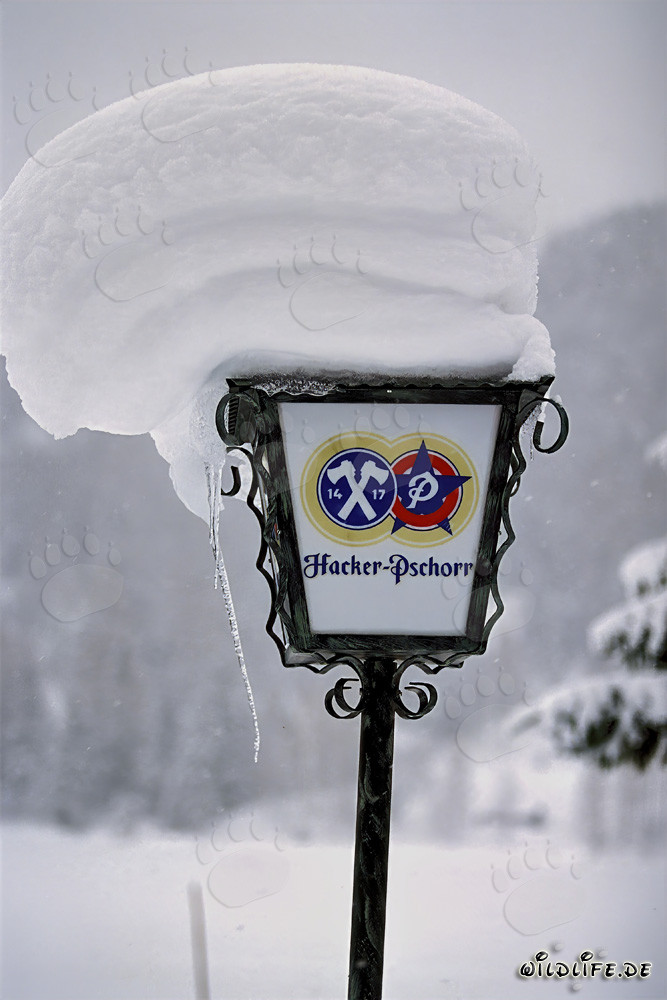Paisaje invernal idílico con lámpara cubierta de nieve en Mittenwald, Baviera