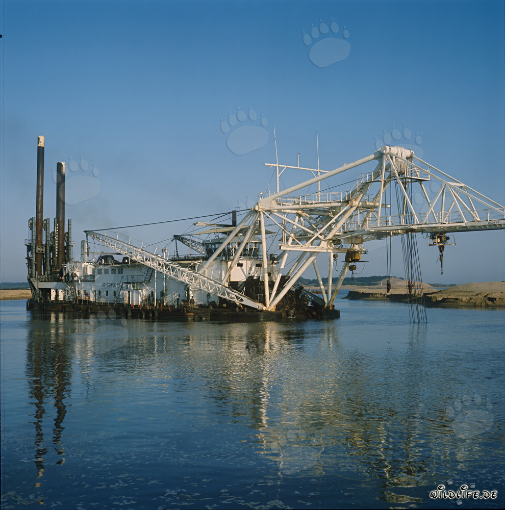 Cutter suction dredger Beverwijk 31 reflected in the clear water of Richards Bay Harbor in South Africa