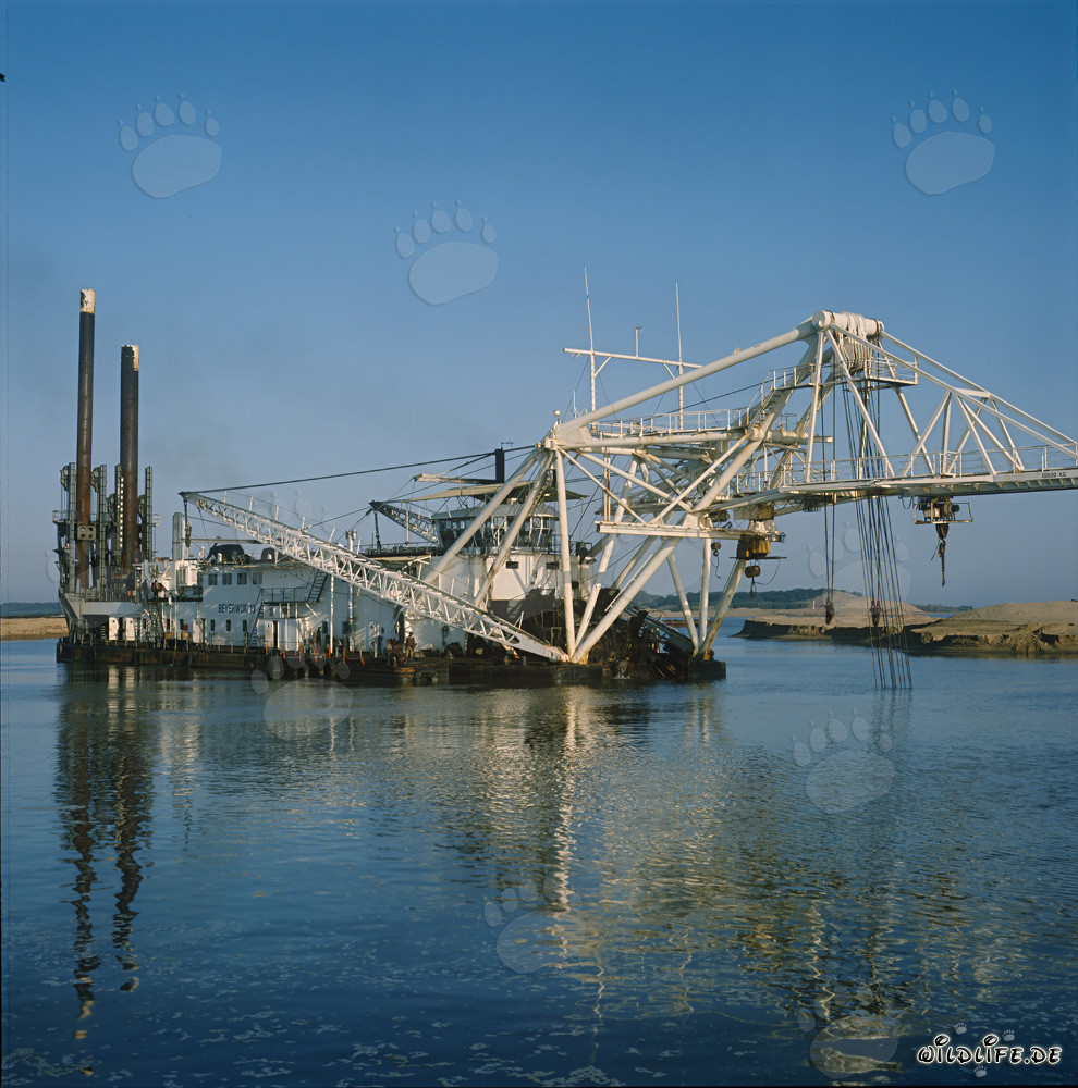 La draga succionadora de cabeza de corte Beverwijk 31 se refleja en el agua clara del puerto de Richards Bay en Sudáfrica